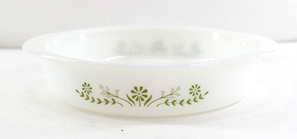 Glasbake Green Daisy Round 8" Casserole Dish J-2429 USA 1960s Vintage
